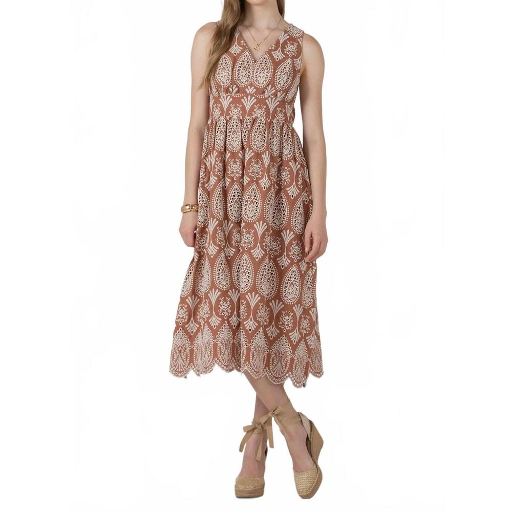 NEW DEX CLOTHING black tape eyelet midi dress in sandy and beige